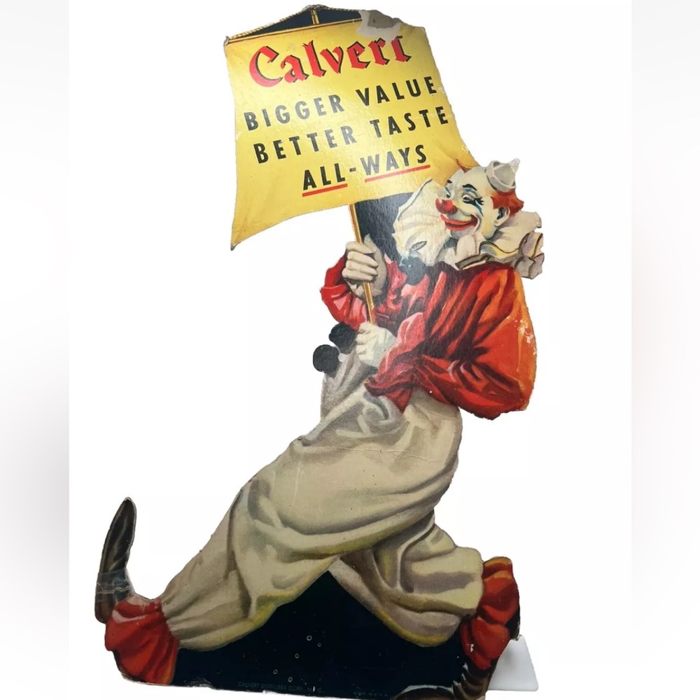 Vintage Circus Clown Calvert advertising Cut Out Sign 22” long